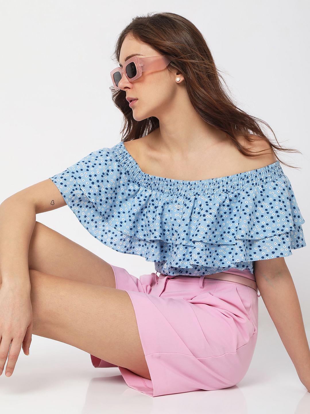 Blue Floral Off Shoulder Top