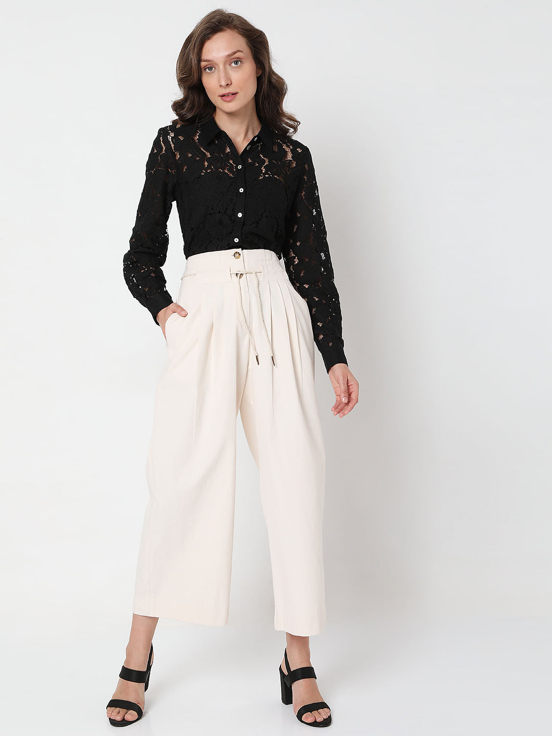 Beige High Rise Pleated Pants