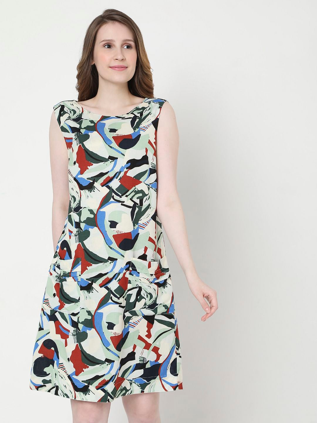 Beige Abstract Print Shift Dress