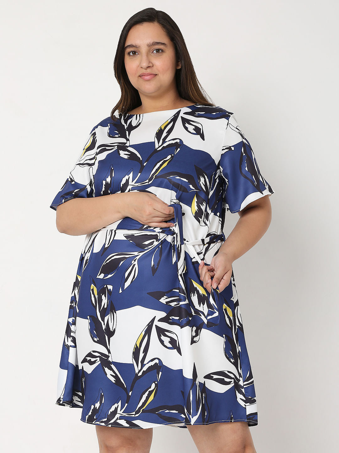 Curve White Printed Fit & Flare Dress