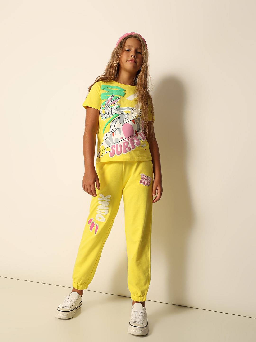 Girls Yellow Printed Co-Ord Set Joggers