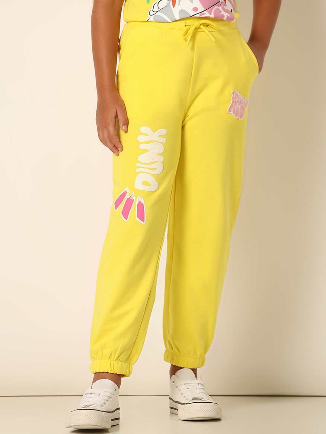 Girls Yellow Printed Co-Ord Set Joggers