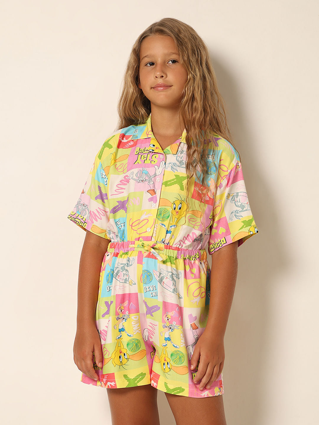 Looney Tunes Yellow Printed Playsuit