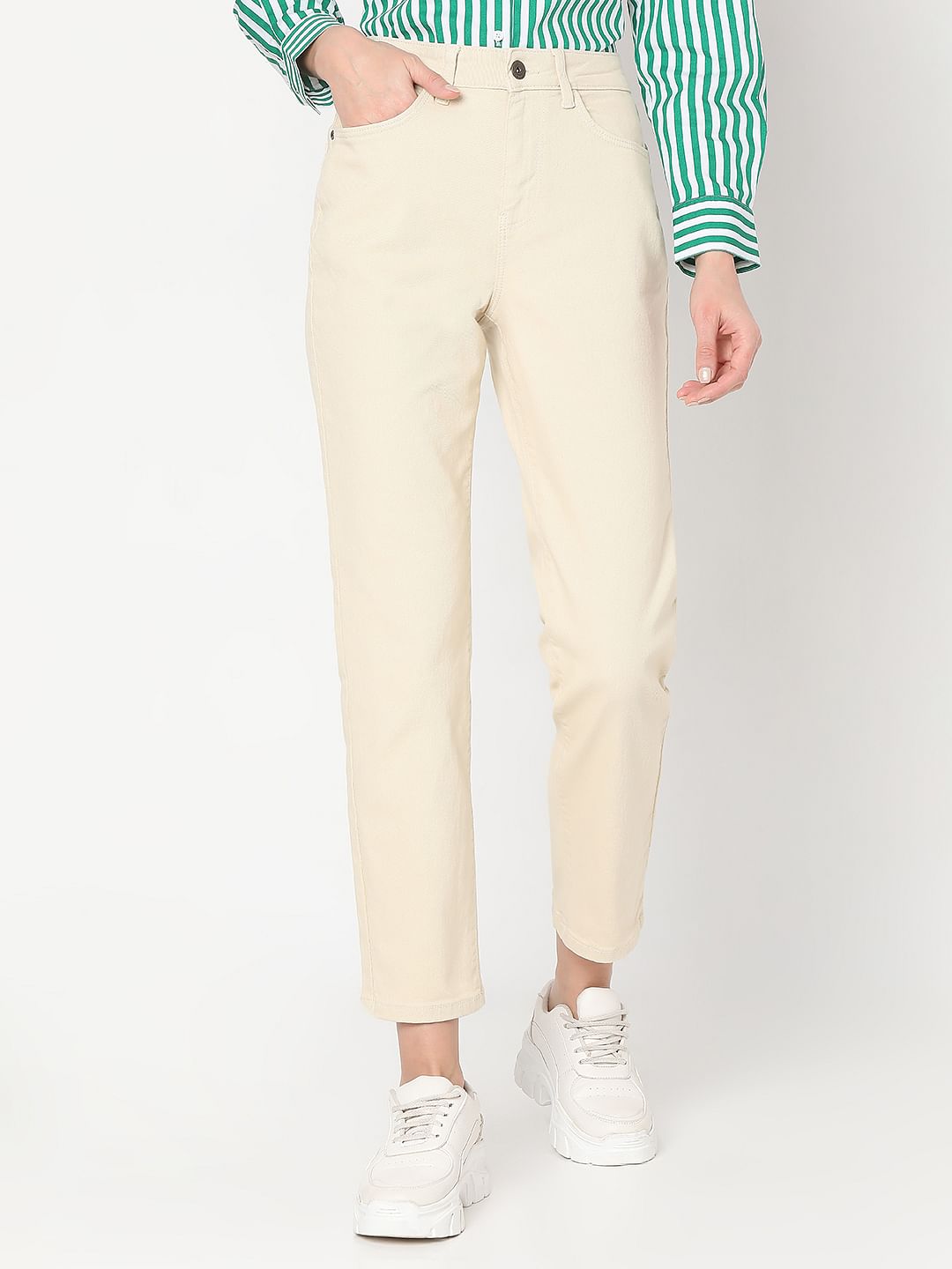 Ecru Mid Rise Jade Straight Fit Jeans