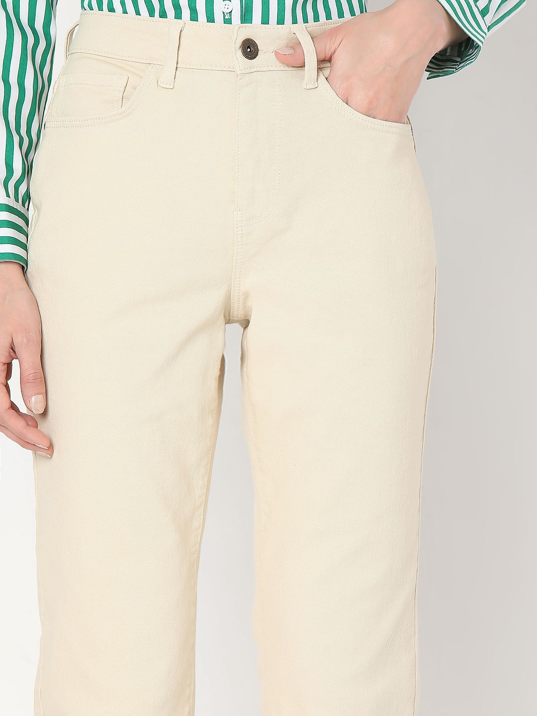 Ecru Mid Rise Jade Straight Fit Jeans