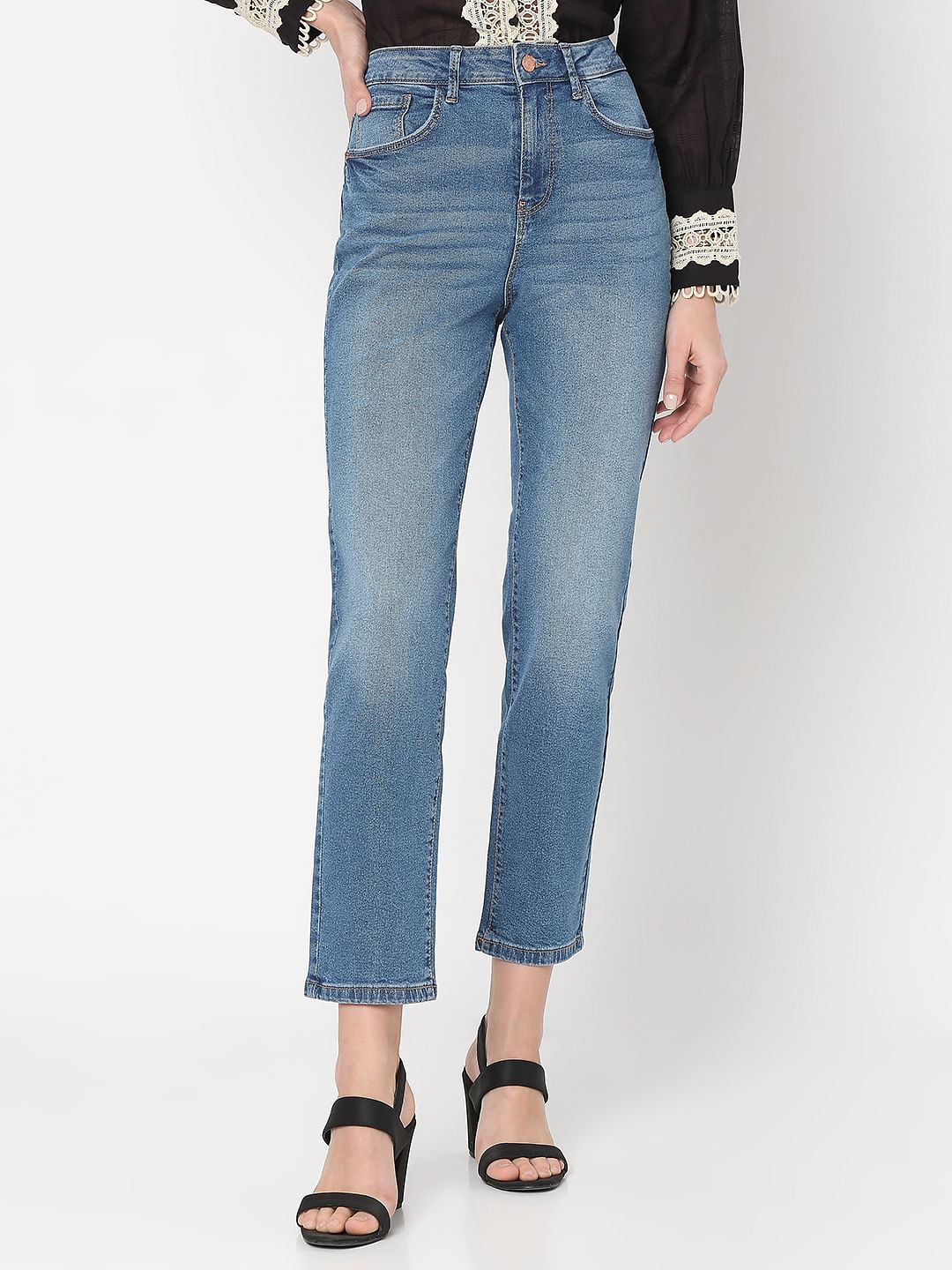 Blue Mid Rise Jade Straight Fit Jeans