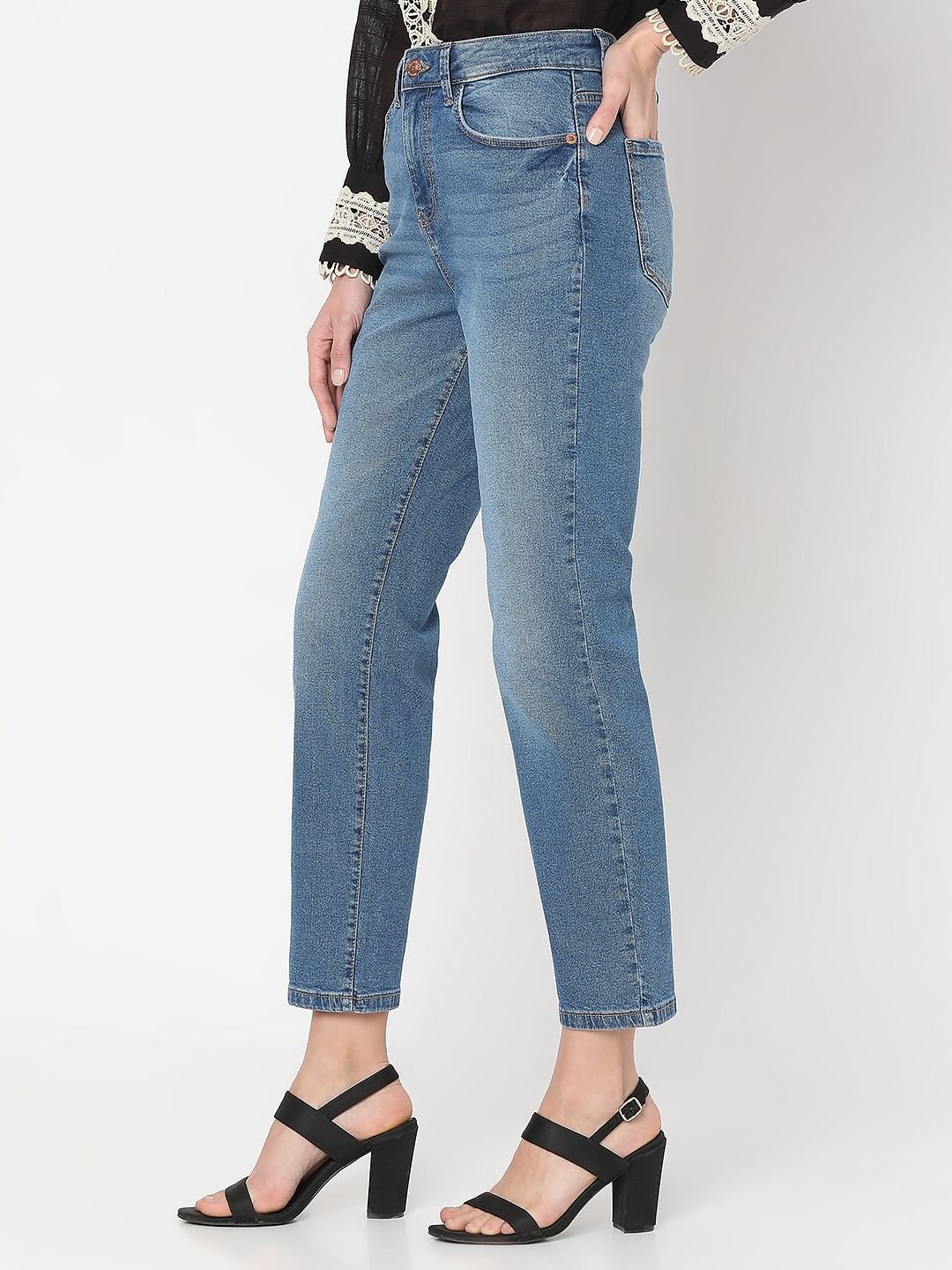 Blue Mid Rise Jade Straight Fit Jeans