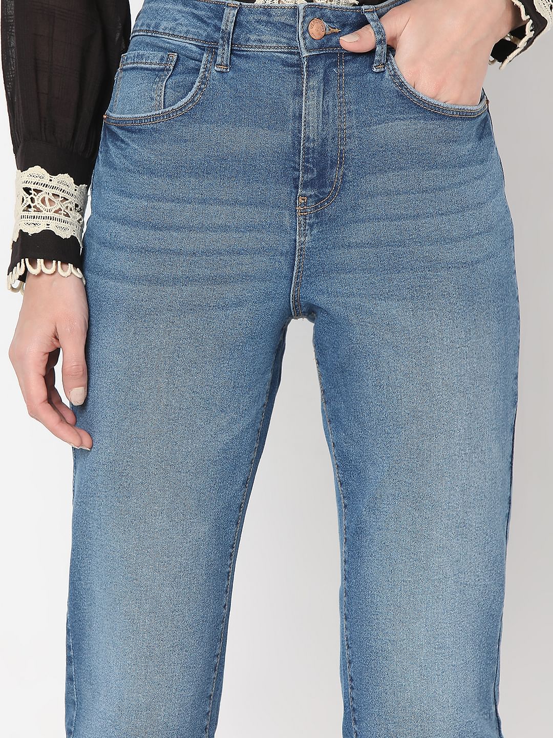 Blue Mid Rise Jade Straight Fit Jeans