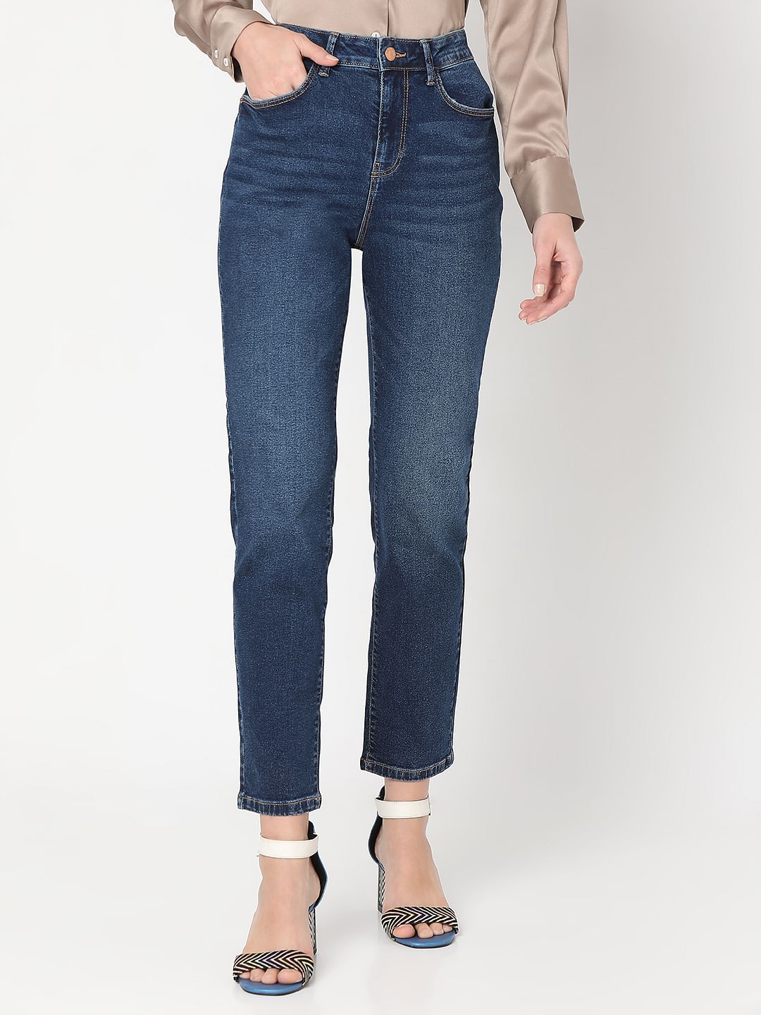 Dark Blue Mid Rise Jade Straight Fit Jeans