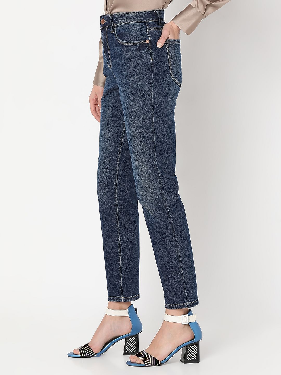 Dark Blue Mid Rise Jade Straight Fit Jeans