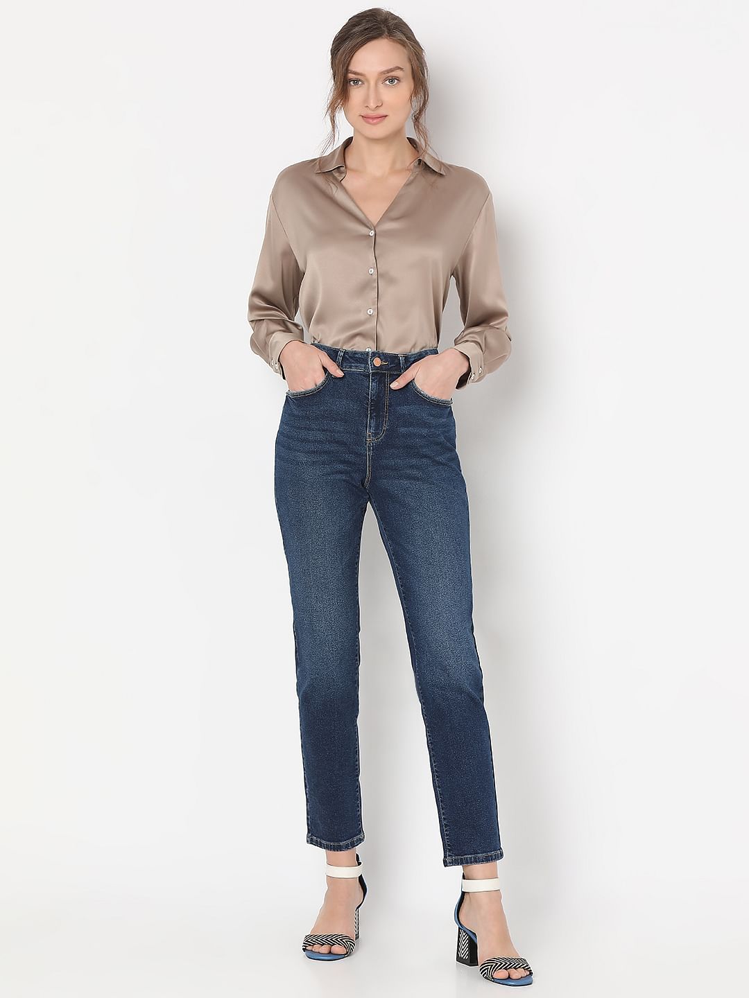 Dark Blue Mid Rise Jade Straight Fit Jeans