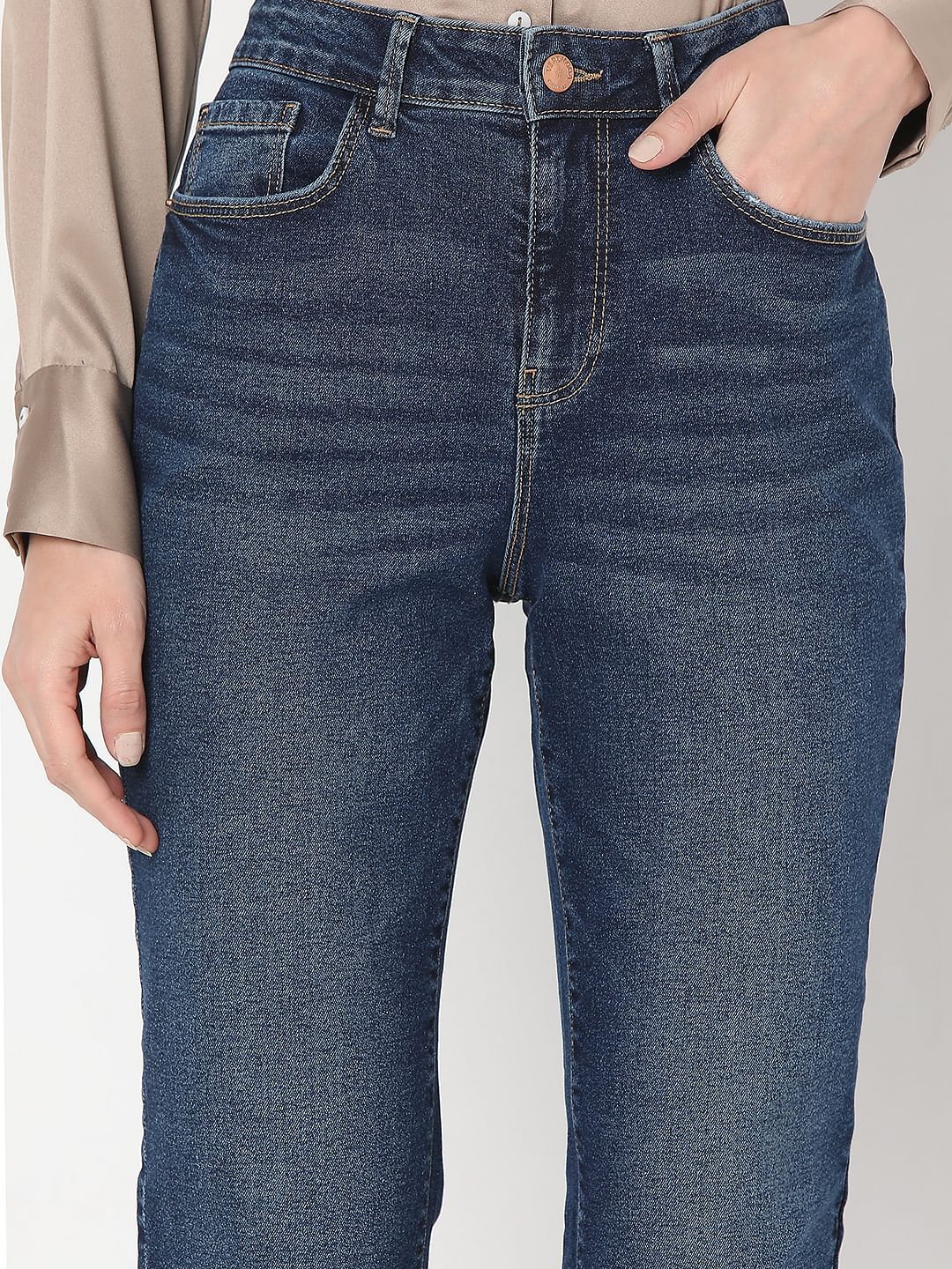 Dark Blue Mid Rise Jade Straight Fit Jeans