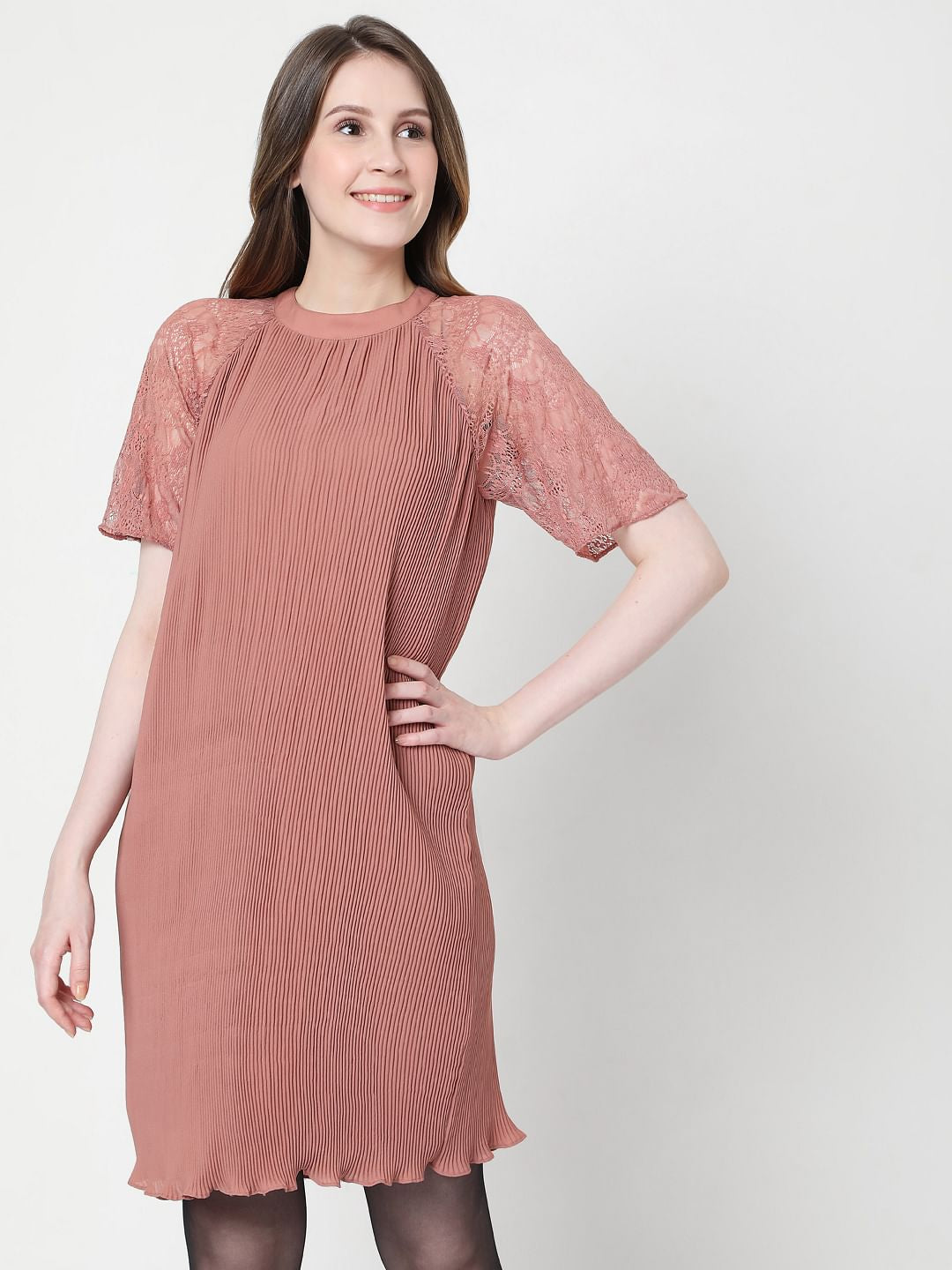 Pink Pleated Lace Dress