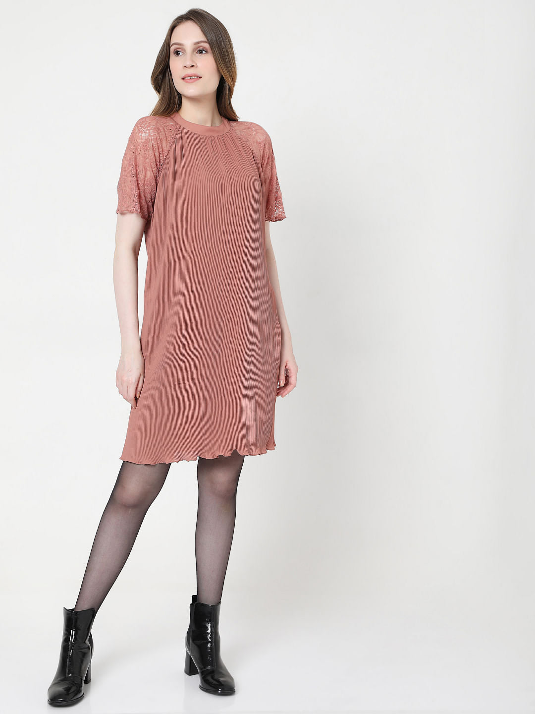 Pink Pleated Lace Dress