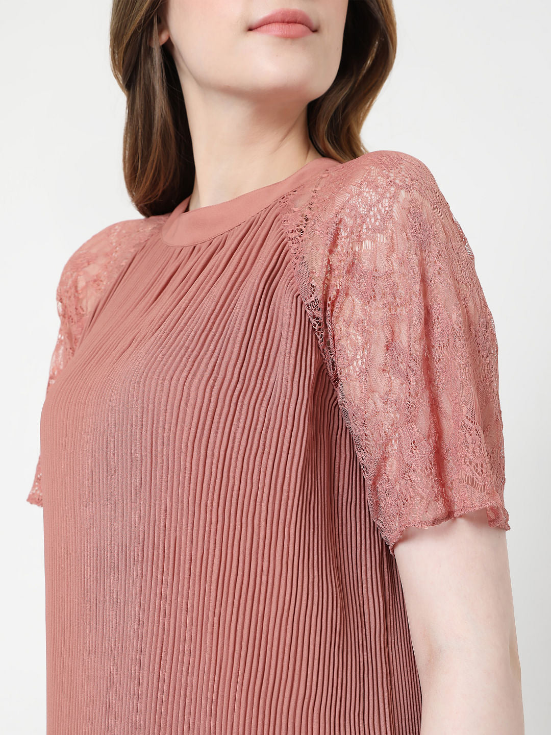 Pink Pleated Lace Dress