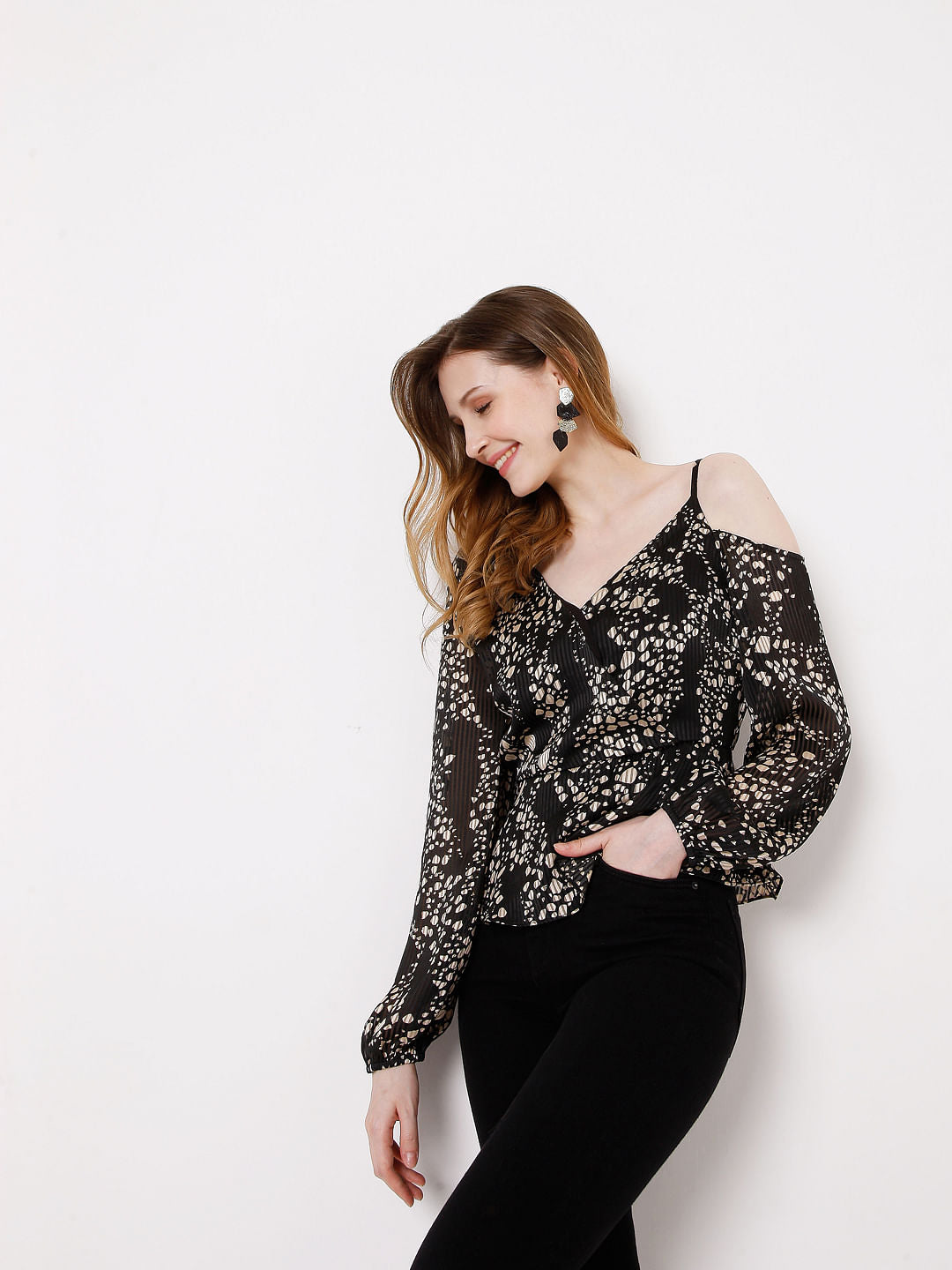 Black Cold Shoulder Pleated Top