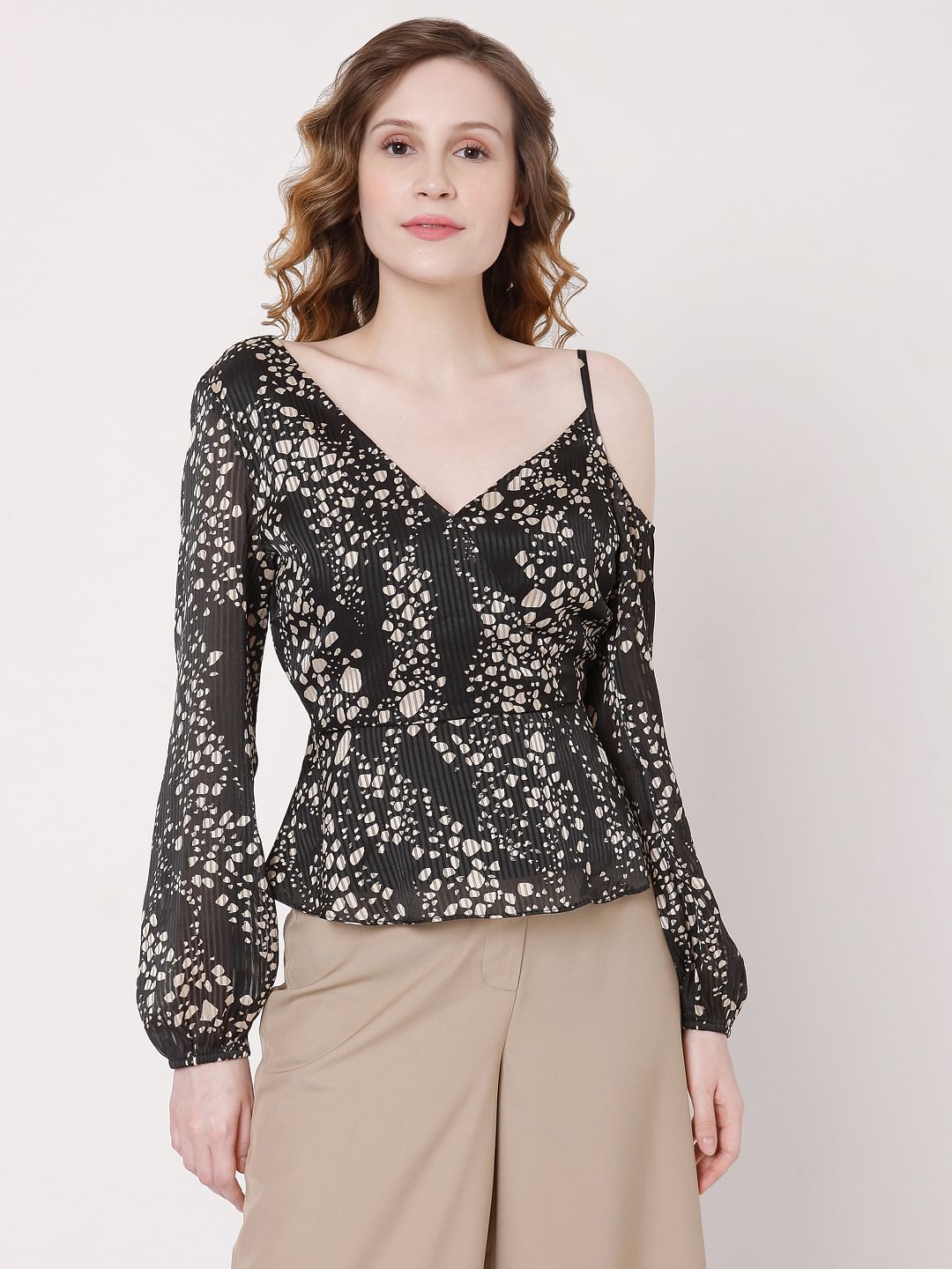 Black Cold Shoulder Pleated Top