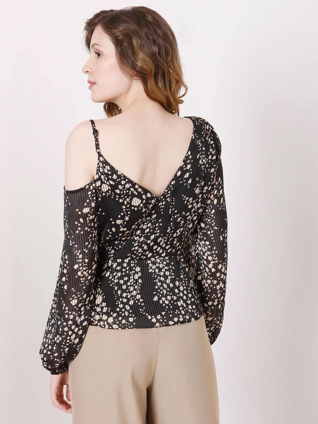 Black Cold Shoulder Pleated Top