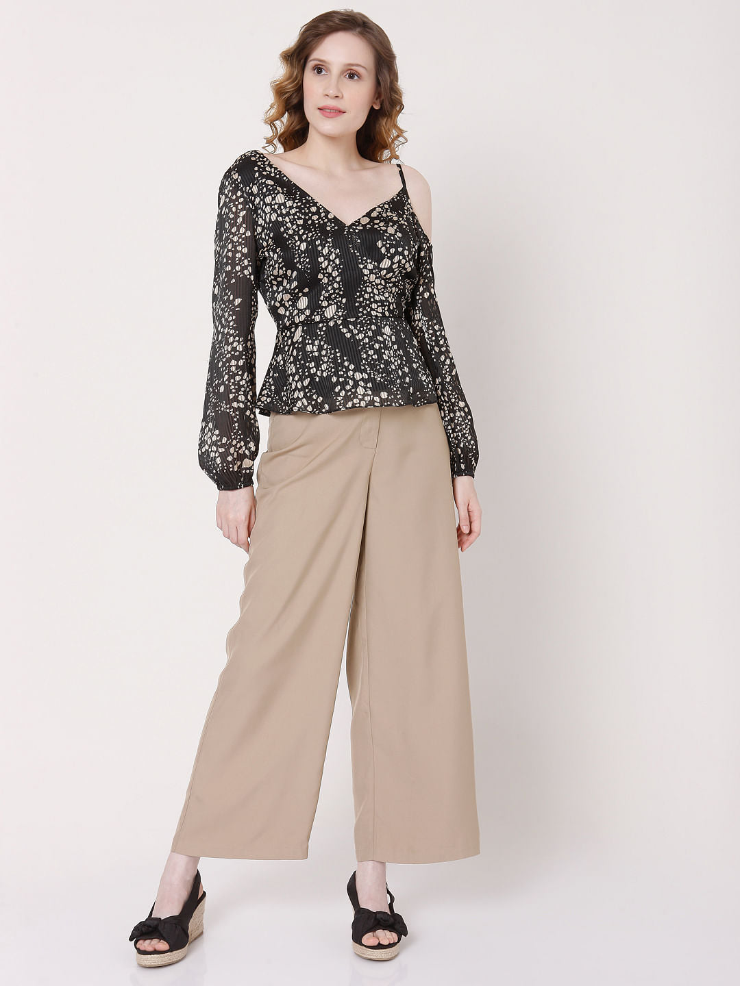 Black Cold Shoulder Pleated Top
