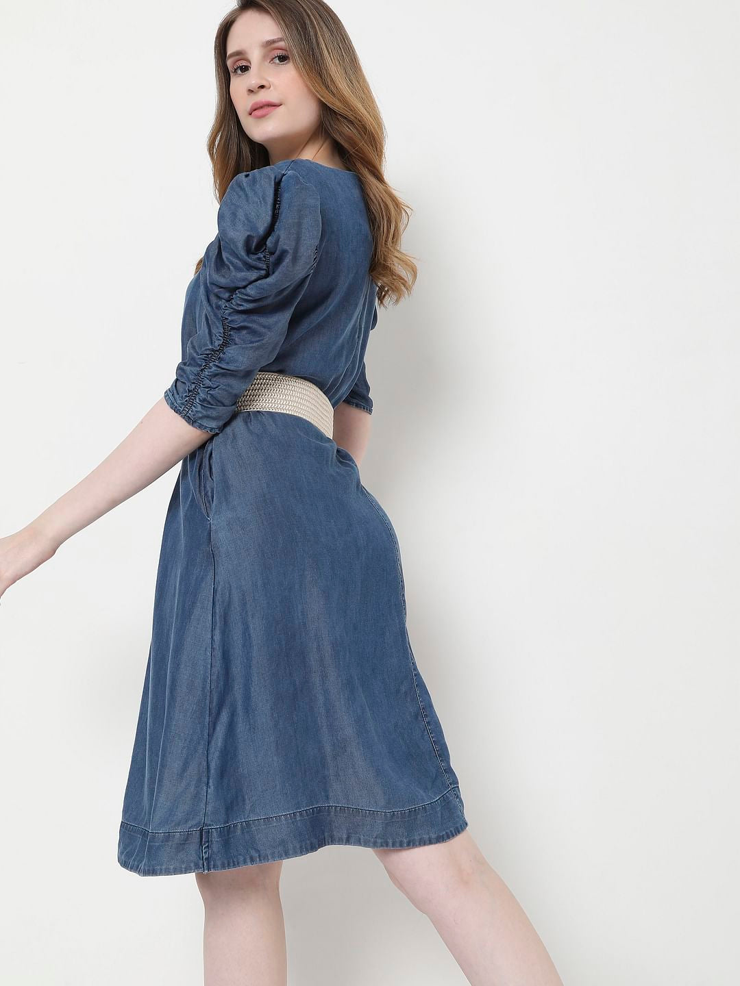 Blue Puff Sleeves Shift Dress