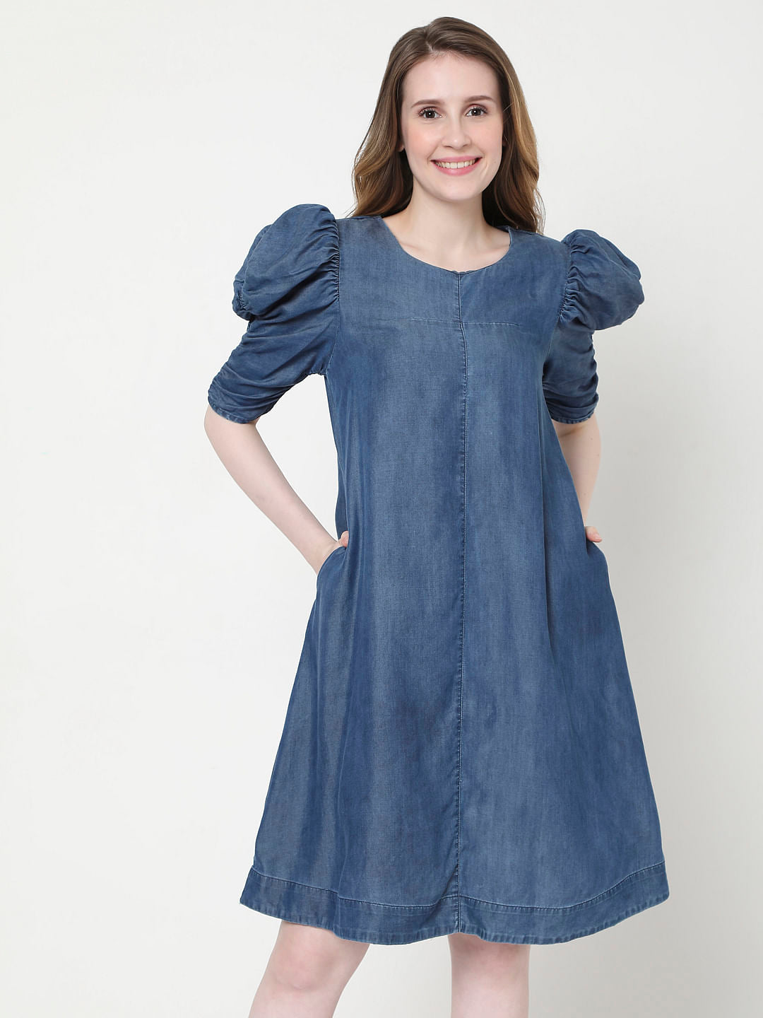 Blue Puff Sleeves Shift Dress