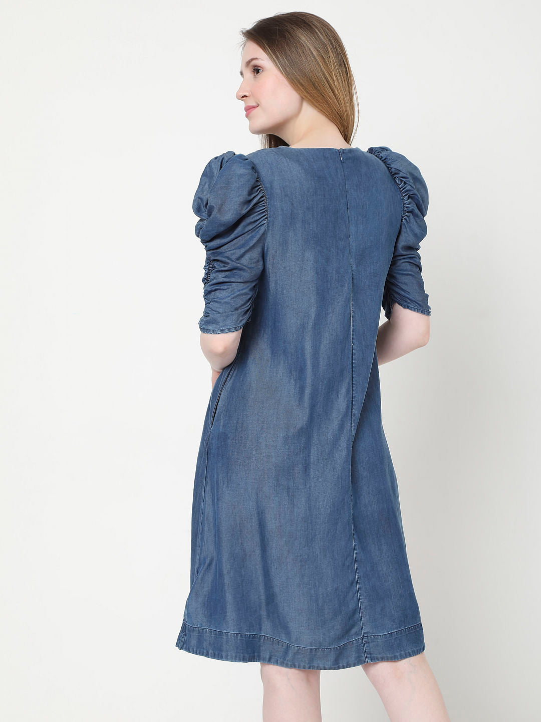 Blue Puff Sleeves Shift Dress