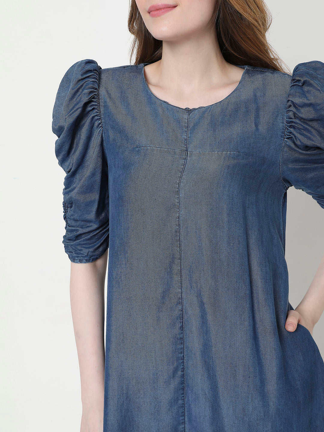 Blue Puff Sleeves Shift Dress