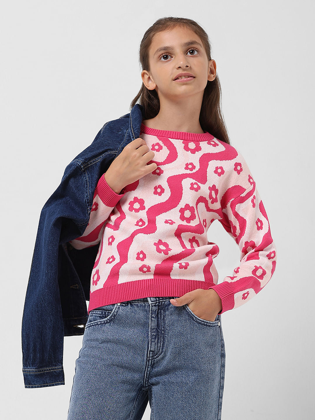 Girl Fuchsia Pink Printed Pullover