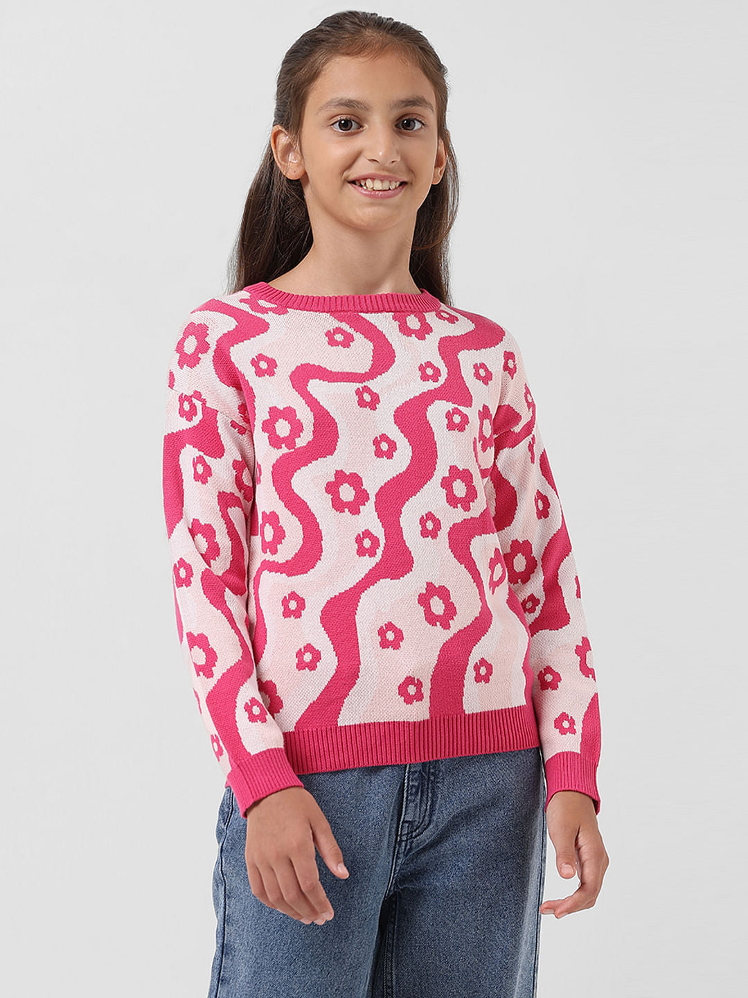 Girl Fuchsia Pink Printed Pullover