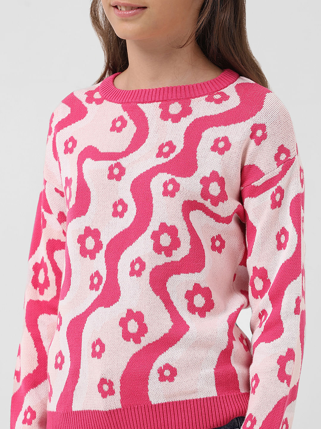 Girl Fuchsia Pink Printed Pullover