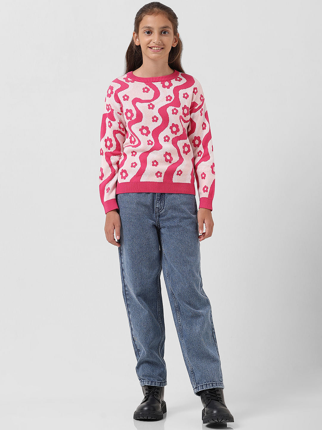 Girl Fuchsia Pink Printed Pullover