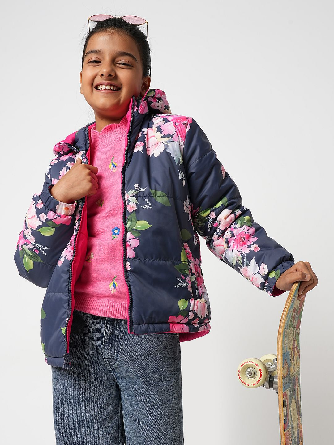 Girl Pink Reversible Floral Puffer Jacket