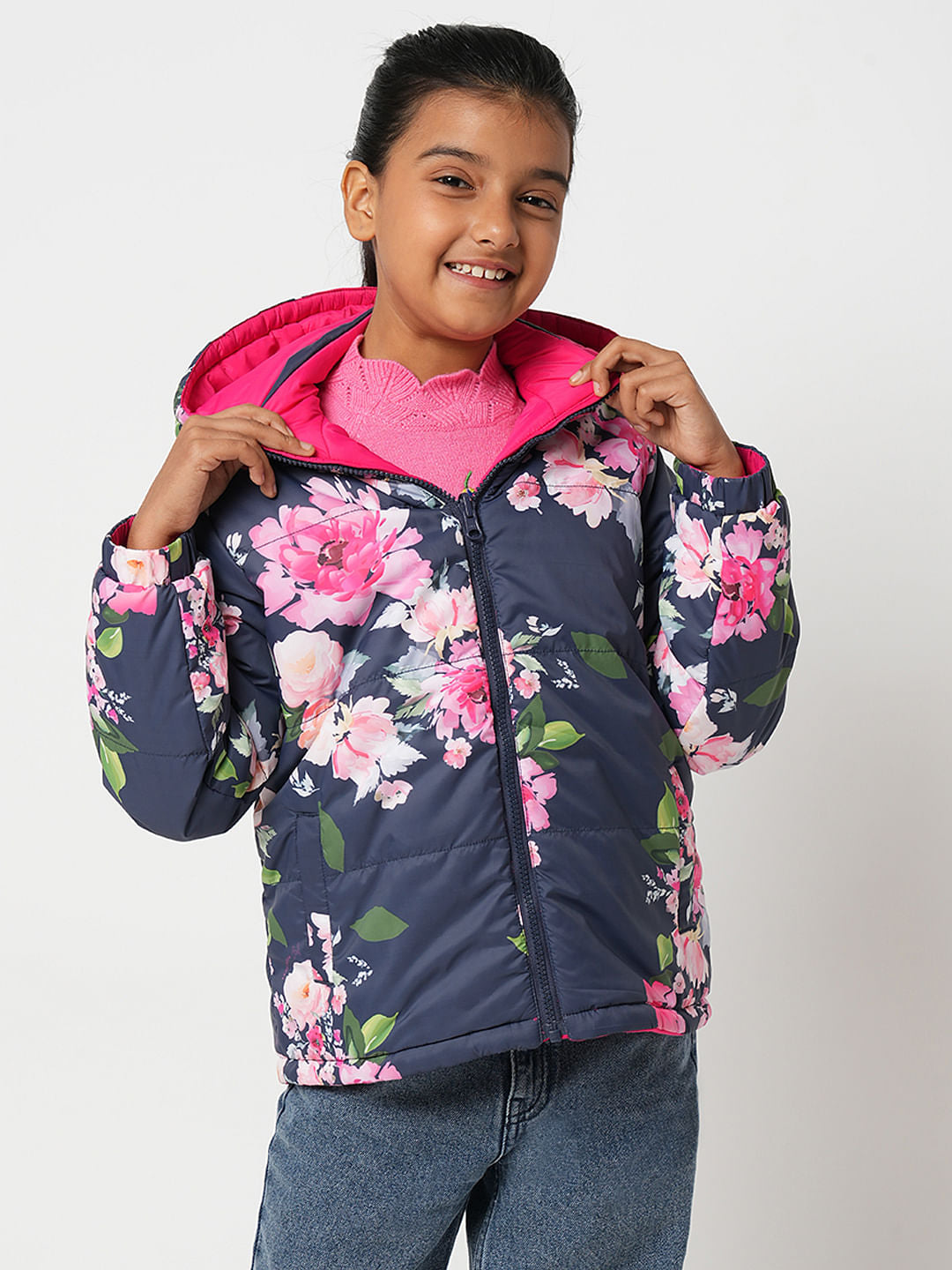 Girl Pink Reversible Floral Puffer Jacket