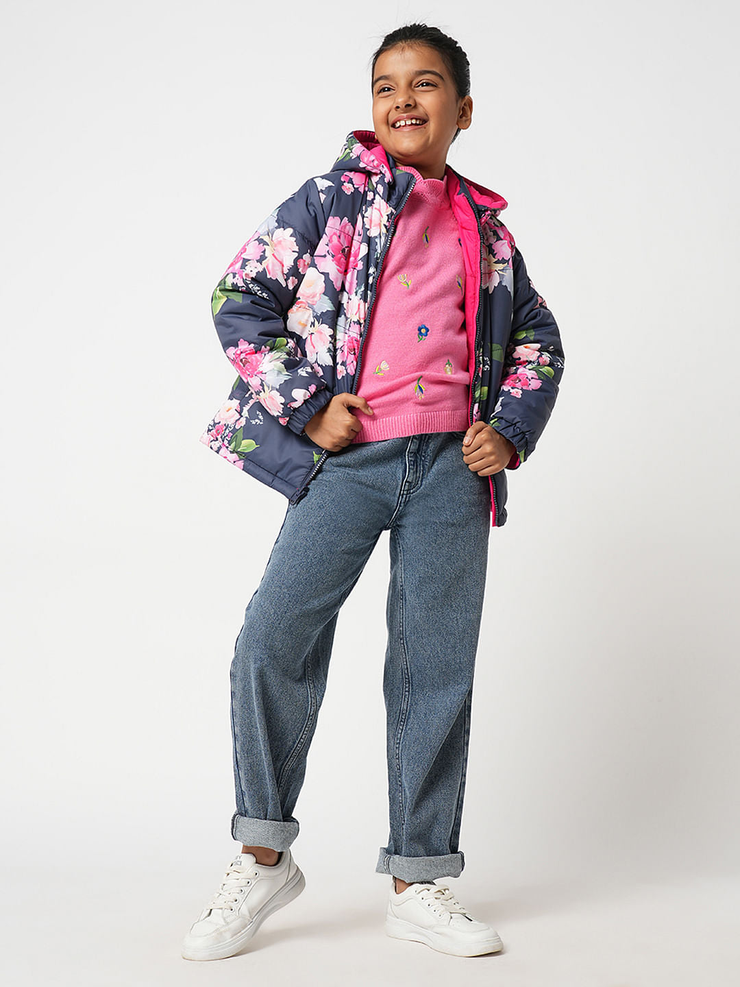 Girl Pink Reversible Floral Puffer Jacket