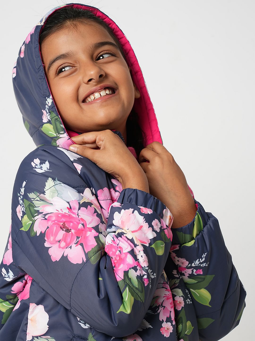 Girl Pink Reversible Floral Puffer Jacket