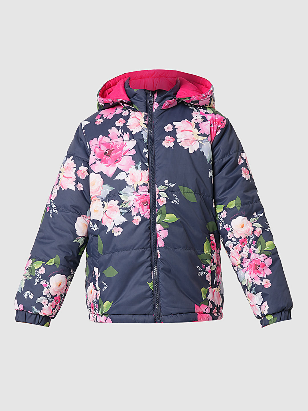 Girl Pink Reversible Floral Puffer Jacket