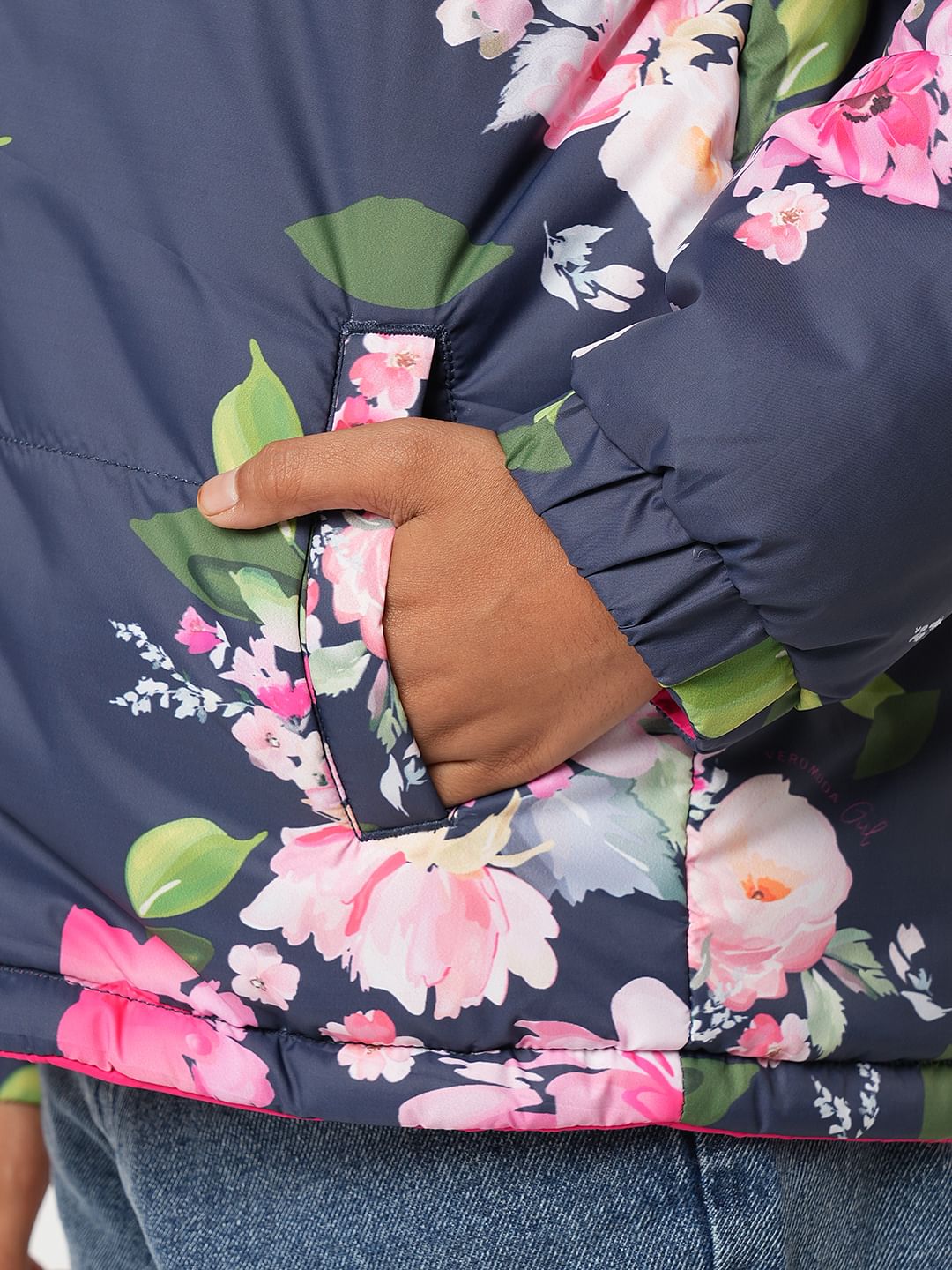 Girl Pink Reversible Floral Puffer Jacket