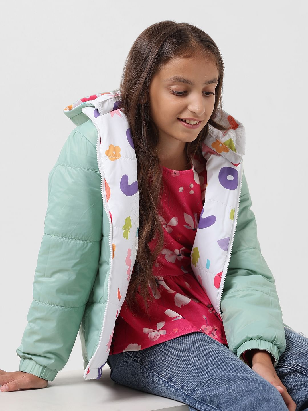 Girl White Printed Reversible Puffer Jacket