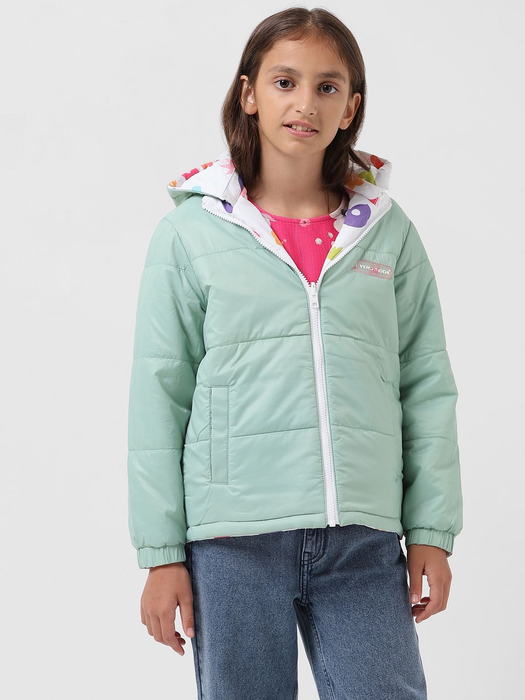 Girl White Printed Reversible Puffer Jacket