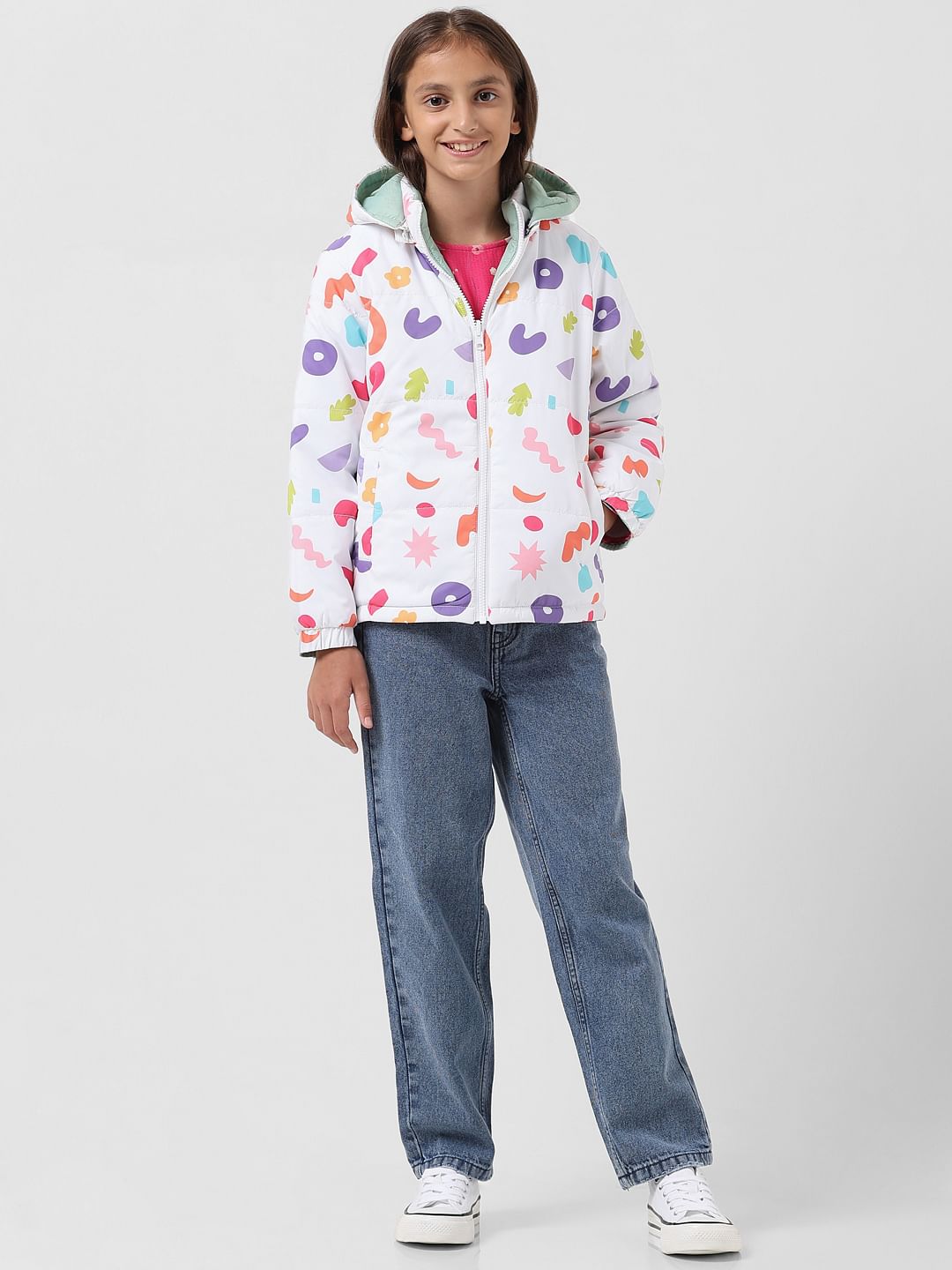 Girl White Printed Reversible Puffer Jacket