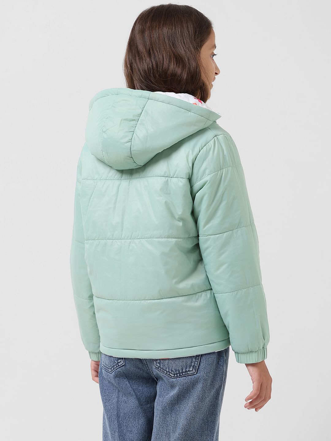 Girl White Printed Reversible Puffer Jacket