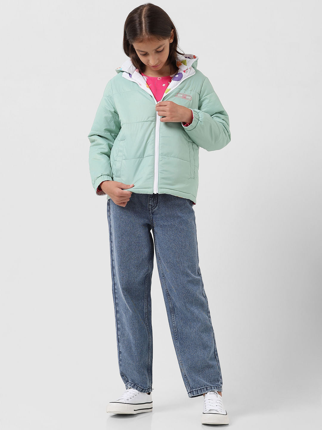 Girl White Printed Reversible Puffer Jacket