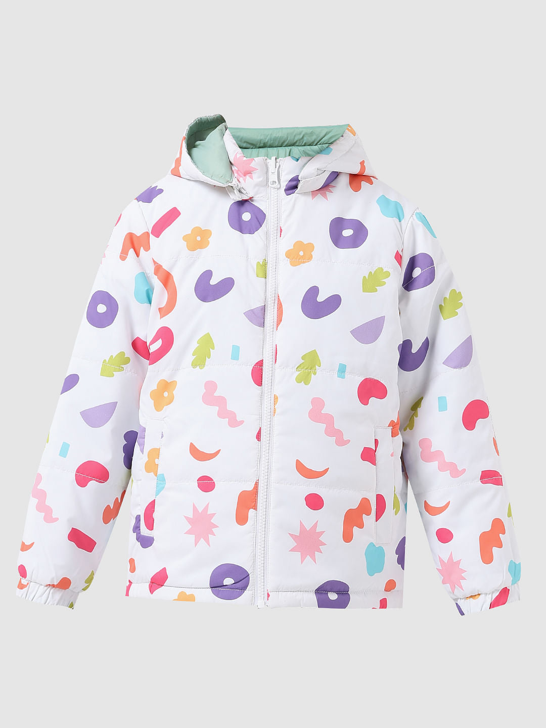 Girl White Printed Reversible Puffer Jacket