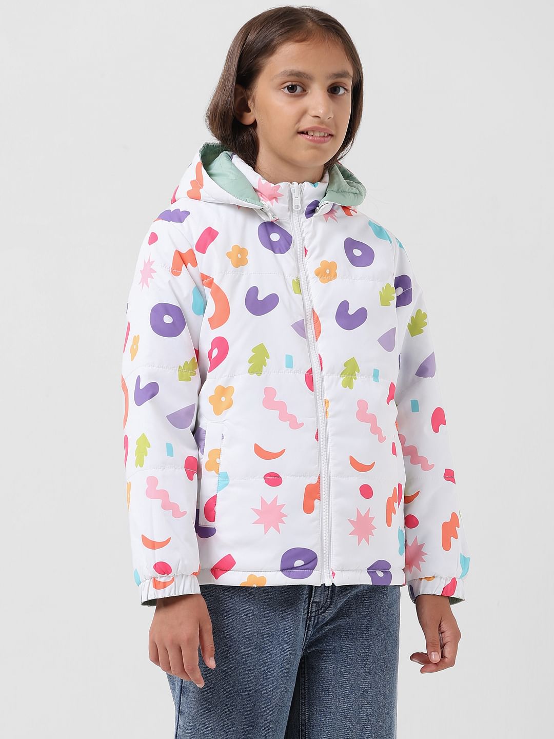 Girl White Printed Reversible Puffer Jacket