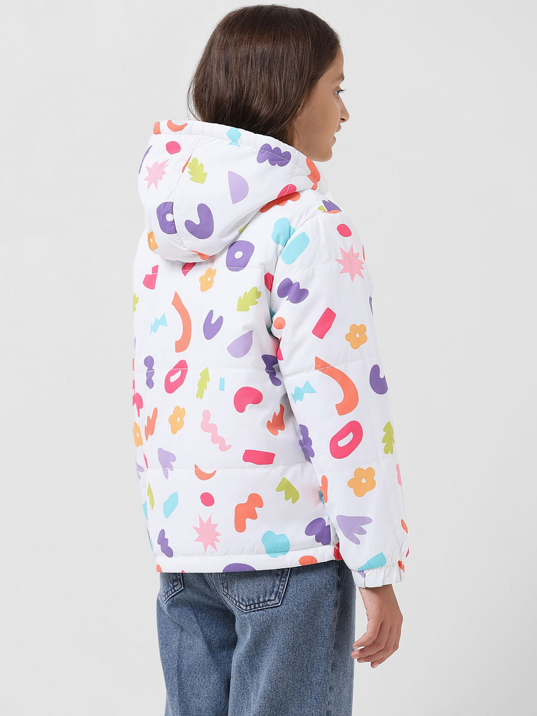 Girl White Printed Reversible Puffer Jacket