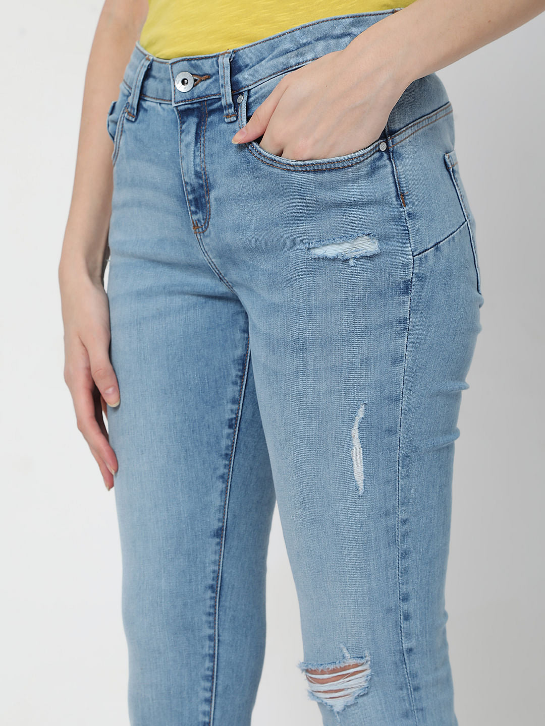 Light Blue Mid Rise Ripped Pushup Skinny Jeans