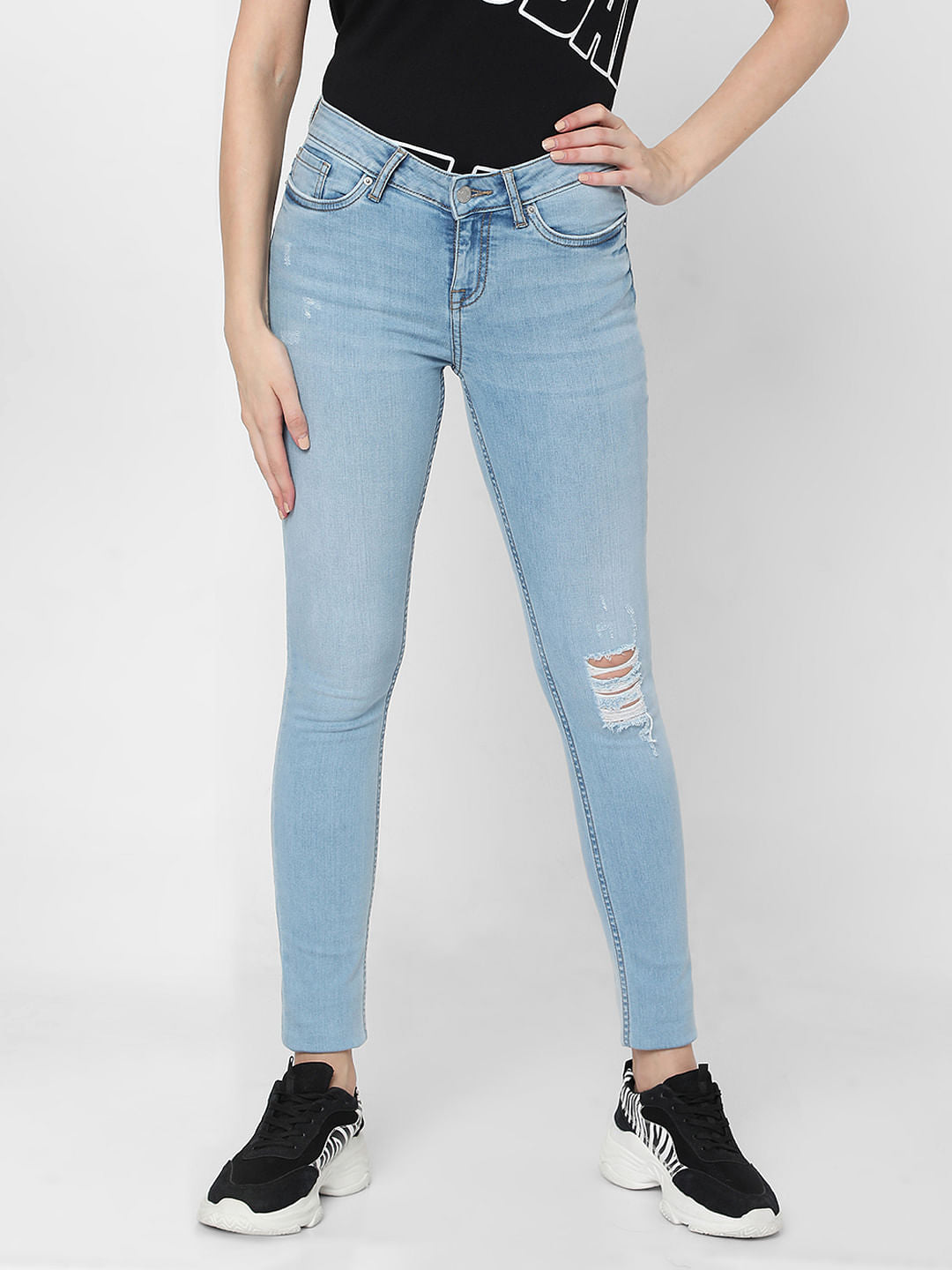 Light Blue Mid Rise Distressed Skinny Jeans