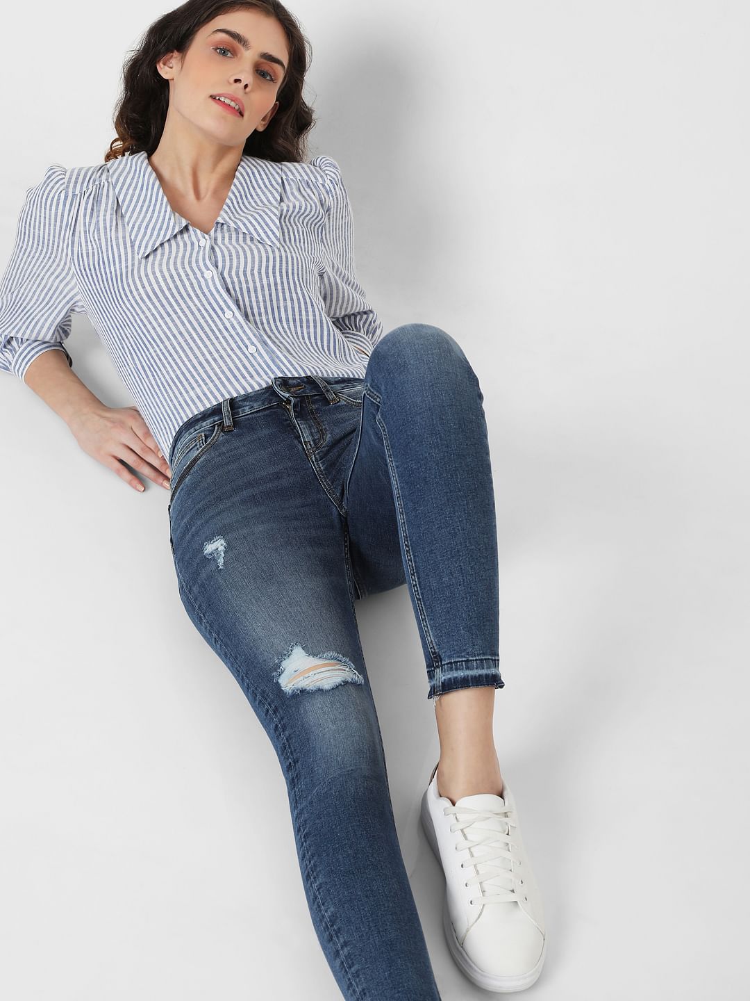 Blue Mid Rise Ripped Skinny Jeans