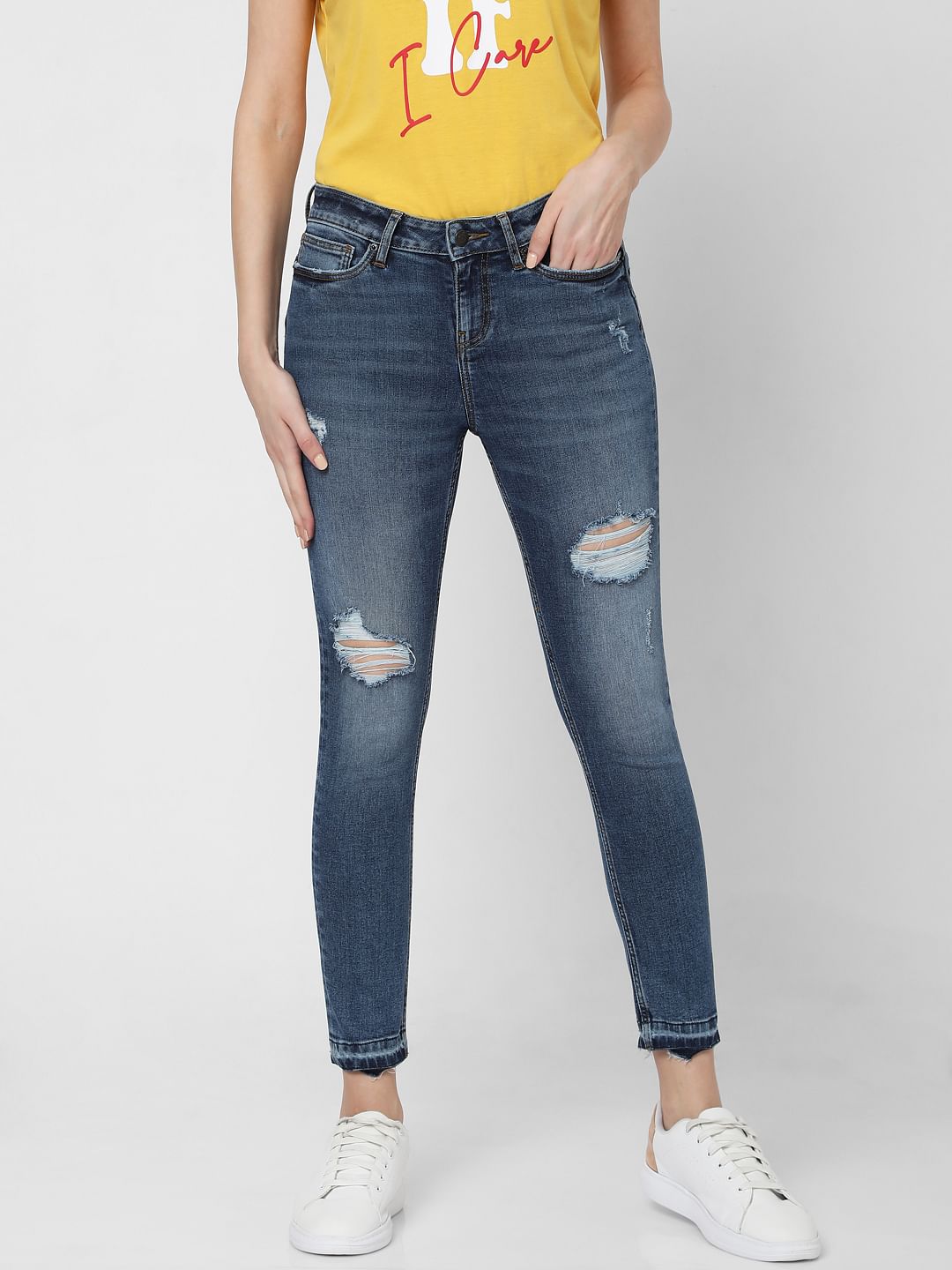Blue Mid Rise Ripped Skinny Jeans