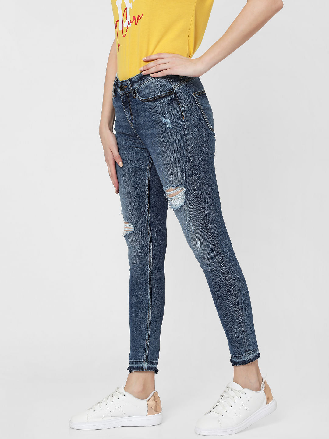 Blue Mid Rise Ripped Skinny Jeans